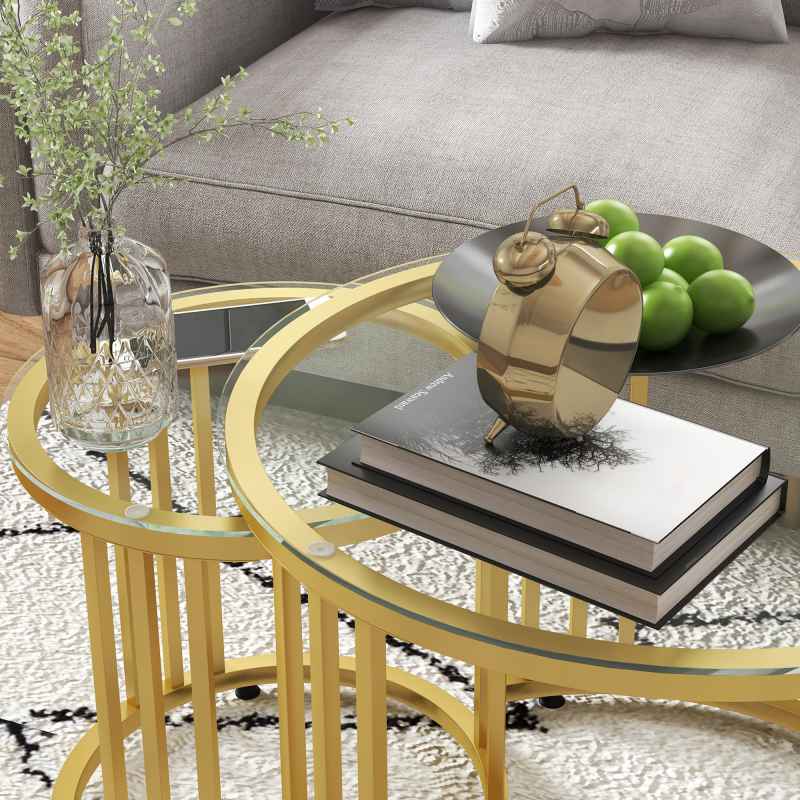 HOMCOM Nest of Tables, Round Coffee Tables Set of 2 with Tempered Glass Top and Steel Frame for Living Room, Gold Tone