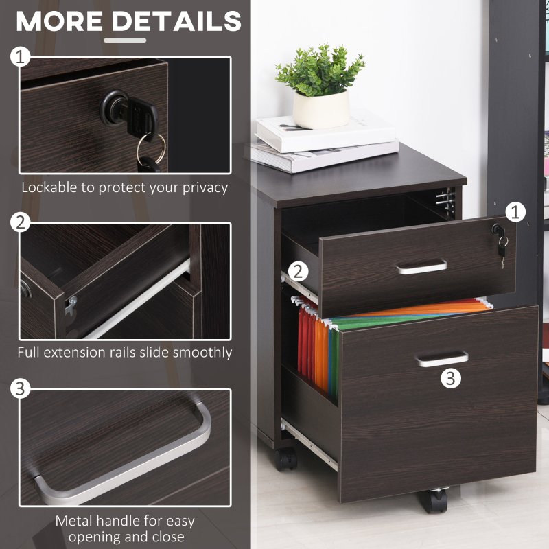 Vinsetto 2-Drawer Locking Office Filing Cabinet w/ 5 Wheels Rolling Storage Hanging A4 Cupboard Home Organisation Black Wood Grain
