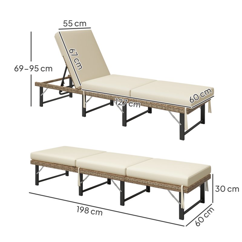 Outsunny Folding Rattan Sun Lounger, 6-Level Adjustable Garden Lounger Recliner with Cushion, Outdoor Reclining Sunbed, Garden Chair with Steel Frame for Patio, Beach, Terrace, Natural