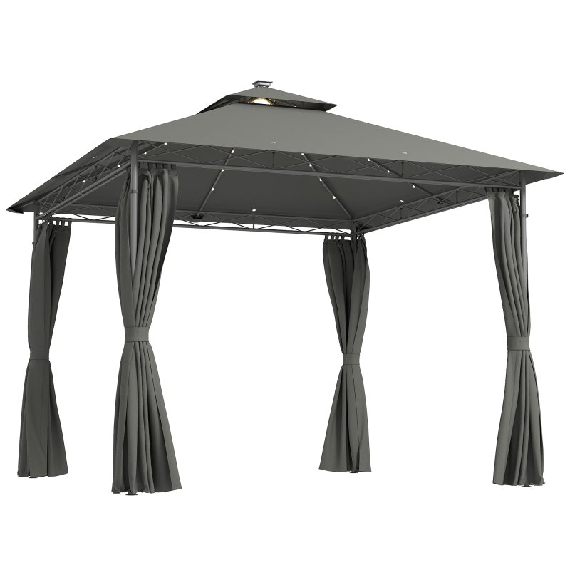 Outsunny 3 x 3 m Garden Gazebo, Double Roof Metal Gazebo with Curtains and Solar-Powered LED Lights, Outdoor Canopy Shelter for Patio, Deck, Dark Grey