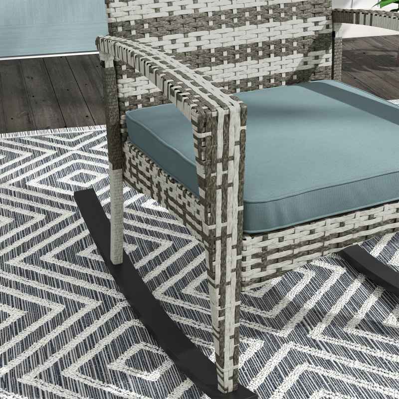 Outsunny PE Rattan Garden Rocking Chair, Outdoor Rocking with Cushion, 160 KG Capacity Wicker Garden Armchair Rocker with Metal Frame for Patio, Porch, Balcony, Light Grey