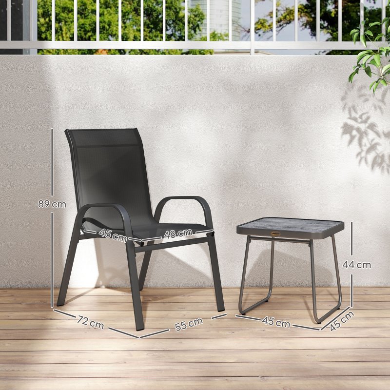Outsunny Garden Bistro Set, 3 Piece Garden Furniture Set with Stackable Armchairs and SPC Board Coffee Table, Bistro Table and Chairs with Texteline Seats for Balcony, Porch, Black