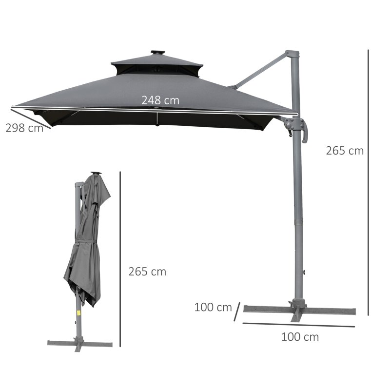 Outsunny 3m Cantilever Roma Parasol, Offset Patio Umbrella, Solar LED Lighted Hanging Sun Shade Canopy 250g Polyester SunShade with Aluminium Frame, Tilt & Crank Handle, Cross Base for Lawn, Grey