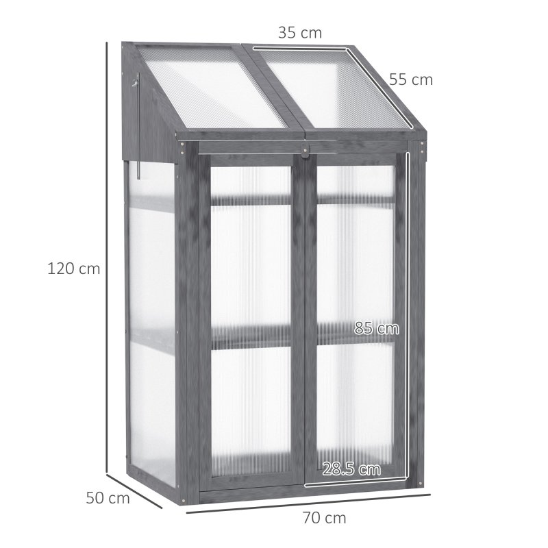 Outsunny Wooden Cold Frame Polycarbonate Greenhouse with Openable Top Cover and Double Door, Grow House for Flower, Vegetable and Plants, 70 x 50 x 120cm, Grey