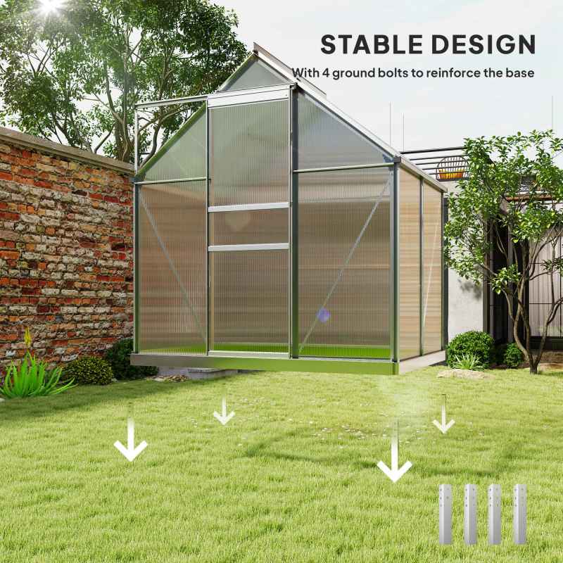 Outsunny Polycarbonate Greenhouse, Small Greenhouse with Adjustable Roof Vent, Garden Green House with Galvanised Base, Sliding Door and Rain Gutter,  192.5 x 131 x 200 cm, Silver Tone