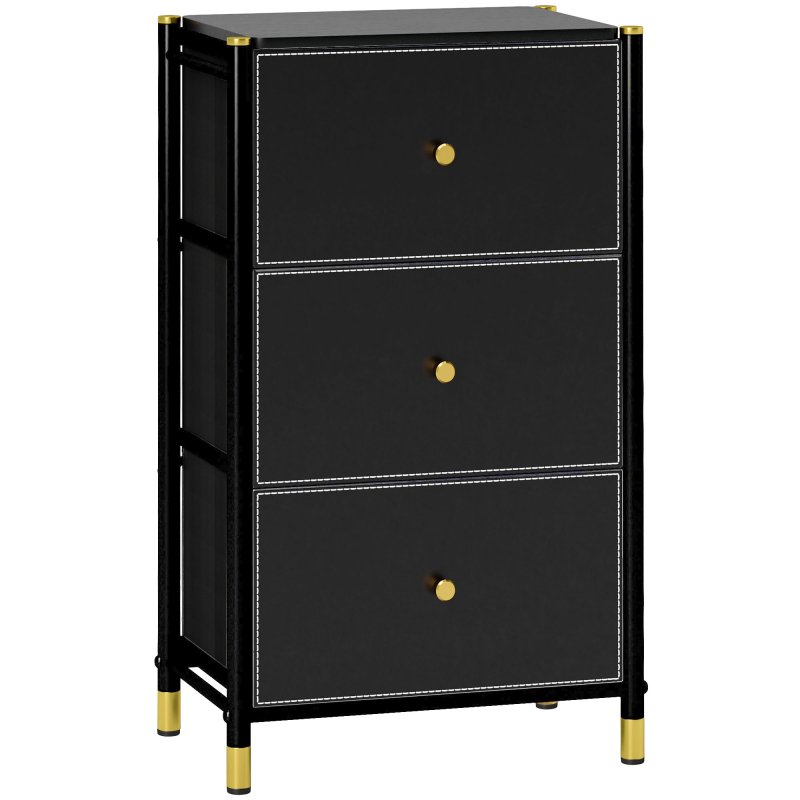 HOMCOM Chest of Drawers, 3 Drawer Fabric Dresser with PU Leather Surface, Steel Frame, Storage Organizer Unit for Bedroom, Living Room, Hallway, Closet, Easy to Assemble, Black