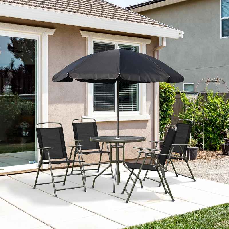 Outsunny 6 Piece Garden Dining Set with Umbrella, Patio Sets with Parasol with 4 Folding Dining Chairs & Round Tempered Glass Table, Black