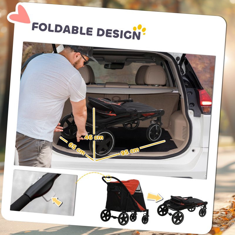 PawHut Dog Stroller Pet Pram Dog Pushchair Buggy with Adjustable Canopy for Medium and Large Breeds, Red