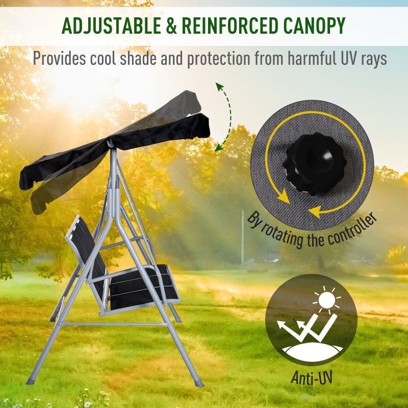 Outsunny 3 Seater Swing Chair, Garden Swing Bench with Adjustable Tilting Canopy, Breathable Mesh Seat and Heavy Duty Metal Frame for Patio, Yard, Black