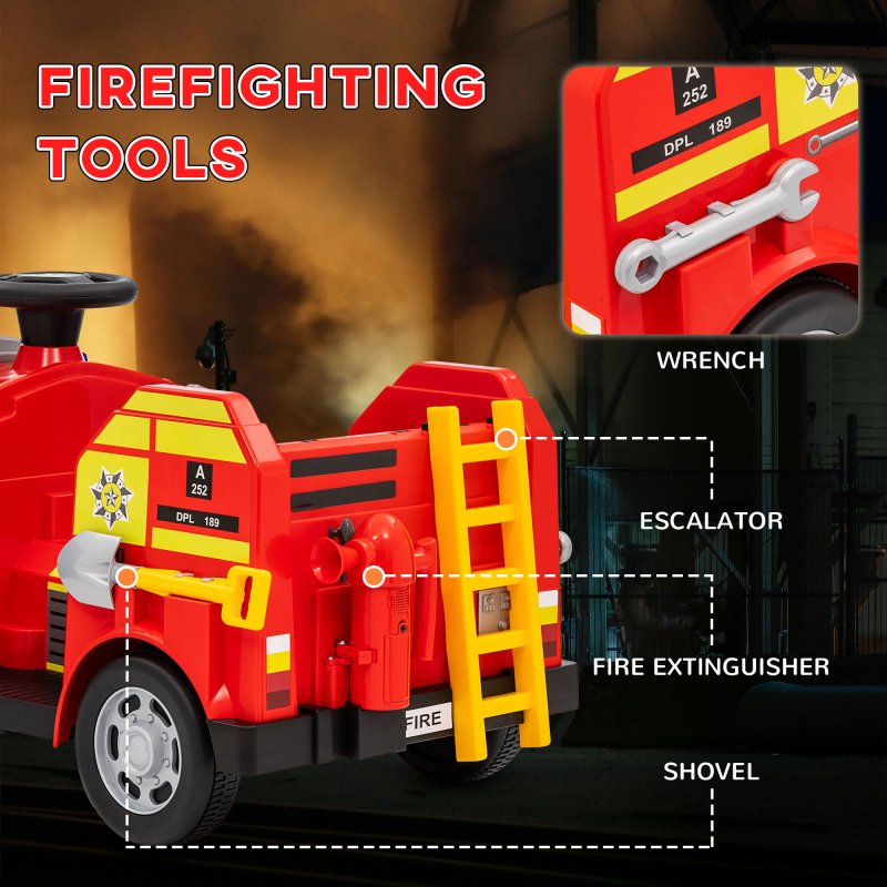 AIYAPLAY Ride on Fire Truck, 12V Kids Electric Car with Sirens, Flashing Lights, Firefighting Tools, Music, Horn, Slow Start, Gift for Boys and Girls, Red