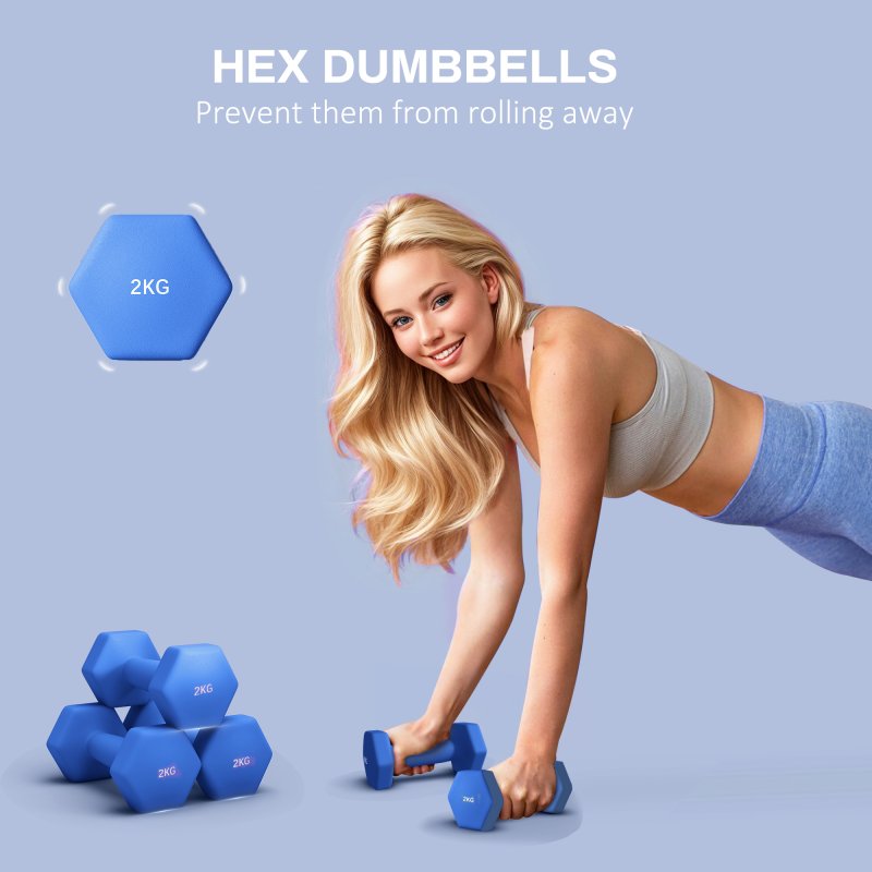 SPORTNOW Set of 2 Hex Dumbbells, Neoprene Weights Pair with Non-Slip Grip, Home Gym Fitness Training Equipment, 2 x 2kg, Blue