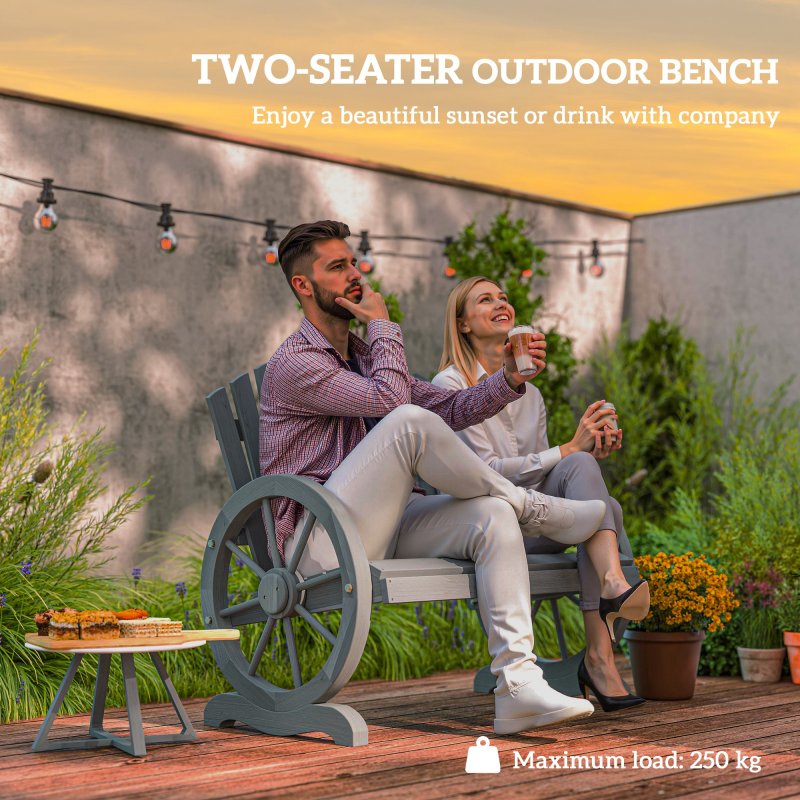 Outsunny 2 Seater Garden Bench, Comfortable Fir Wood Love Chair with Wagon Wheel-Shaped Armrests, Outdoor Adirondack Wooden Loveseats, Grey