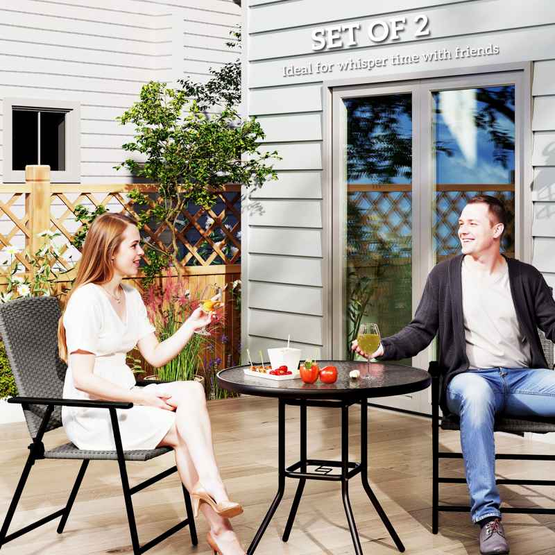 Outsunny Folding Garden Chairs Set of 2, PE Rattan Garden Dining Chairs with Armrests, High Back and Steel Frame, Weather Resistant Outdoor Dining Furniture for Patio, Balcony, Grey