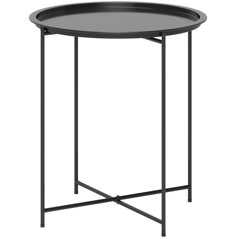 Outsunny 46cm Round Small Garden Table with Removable Tray and Folding Legs, Metal Garden Side Table, Indoor Outdoor Coffee Table End Table for Patio, Balcony, Porch, Black