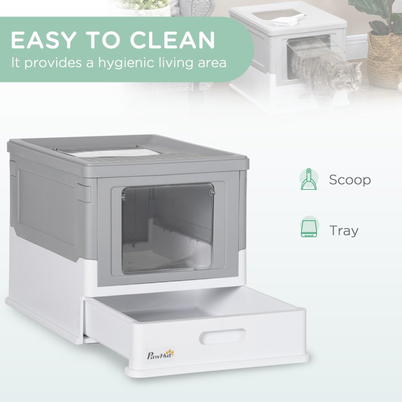 PawHut Cat Litter Tray with Hood Enclosed Cat Litter Box Pet Toilet w/ Lid, Scoop, Front Entry, 47.5 x 35.5 x 36.7cm - Grey