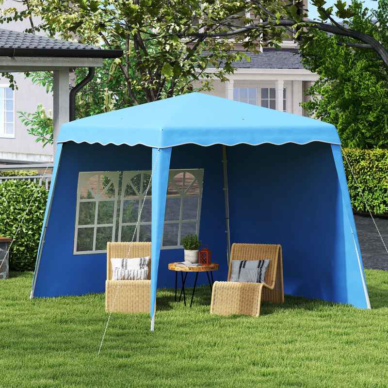 Outsunny 2.4 x 2.4m Pop Up Gazebo Canopy Tent with 2 Sidewalls and Carry Bag, Height Adjustable, UV50+ Party Tent Event Shelter for Garden, Patio, Blue