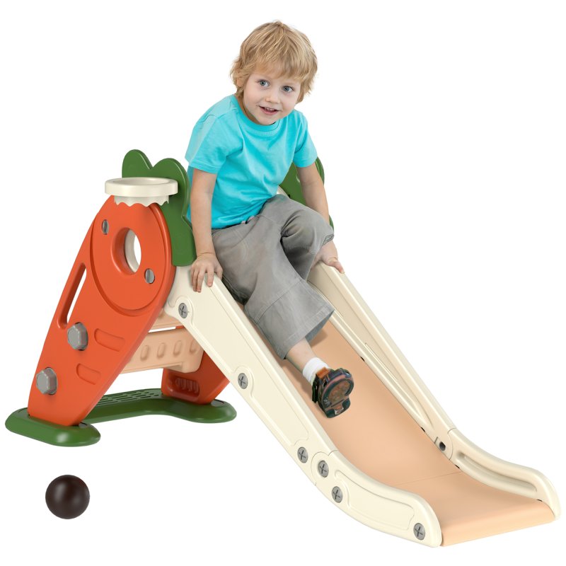 AIYAPLAY Kids Slide, 3 in 1 Foldable Toddler Slide with Basketball Hoop, Climber, Carrot-themed Indoor Slide for 1-3 Years Old, Orange
