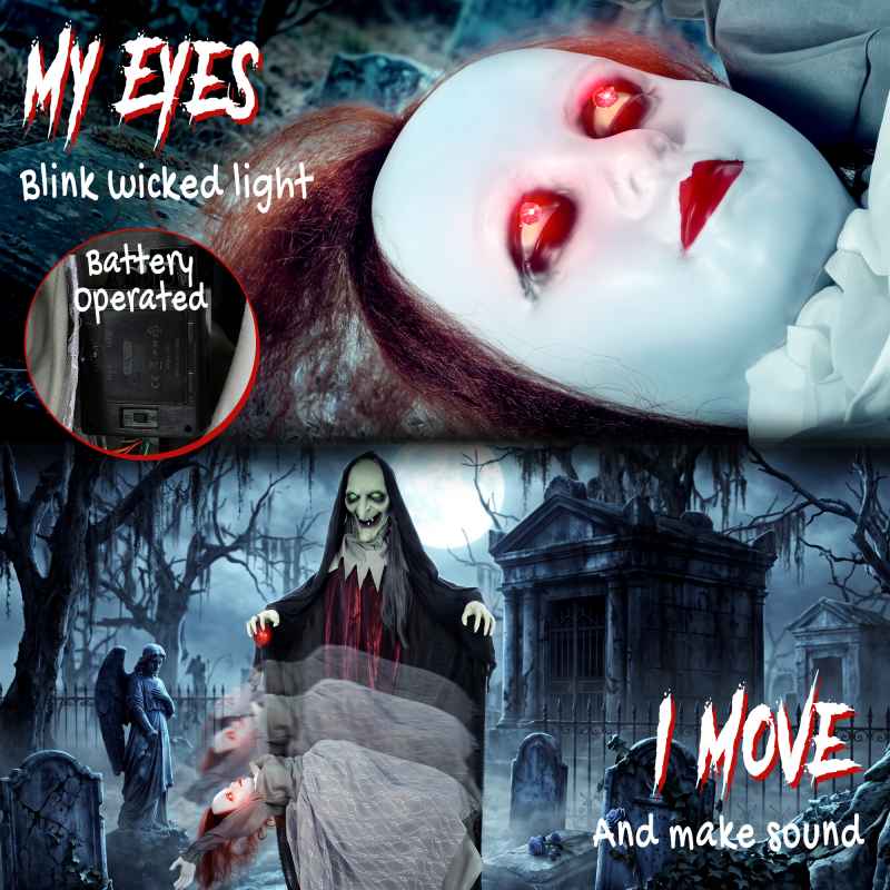 HOMCOM 71" Halloween Animated Standing Witch with Floating Ghost Decoration, Halloween Animated Prop with Light-Up Eyes, Sound and Touch Activated, Rising and Falling Motion for Haunted House Party
