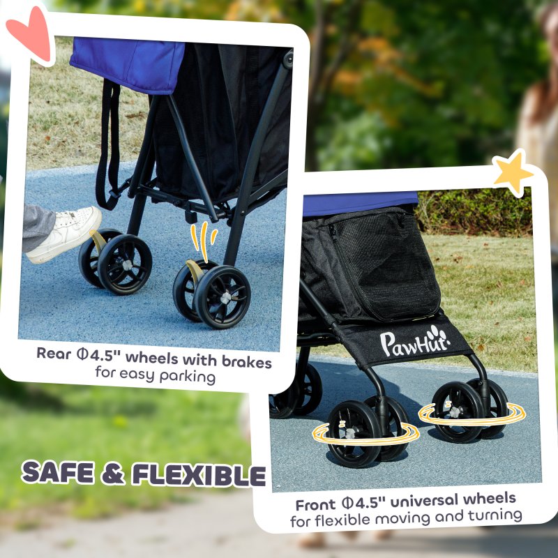 PawHut Pet stroller for Miniature Dogs, Foldable Dog Stroller with Shoulder Strap, 4 Wheels Pet Pram with Storage Bag, Cup Holder, Dark Blue