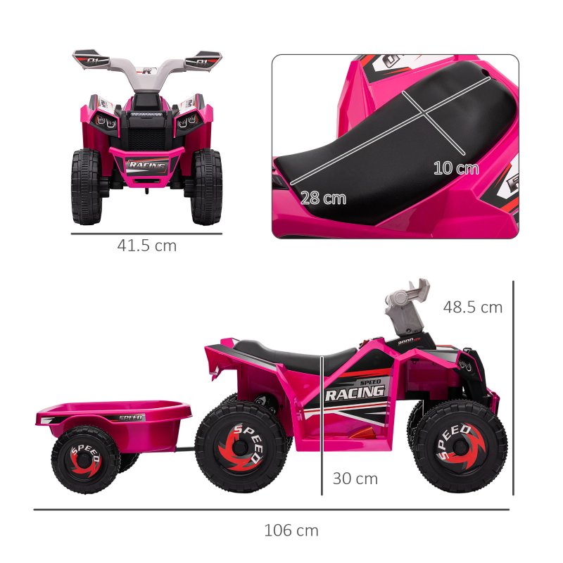 HOMCOM Electric Quad Bike, 6V Kids Ride On All-Terrain with Back Trailer for Ages 18-36 Months - Pink