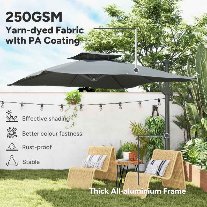 Outsunny 3 x 3 m Cantilever Parasol with Hydraulic Opening, Heavy Duty Aluminium Hanging Garden Parasol, Double Top Square Patio Umbrella with 360° Rotation, 8 Ribs, Cross Base, Grey