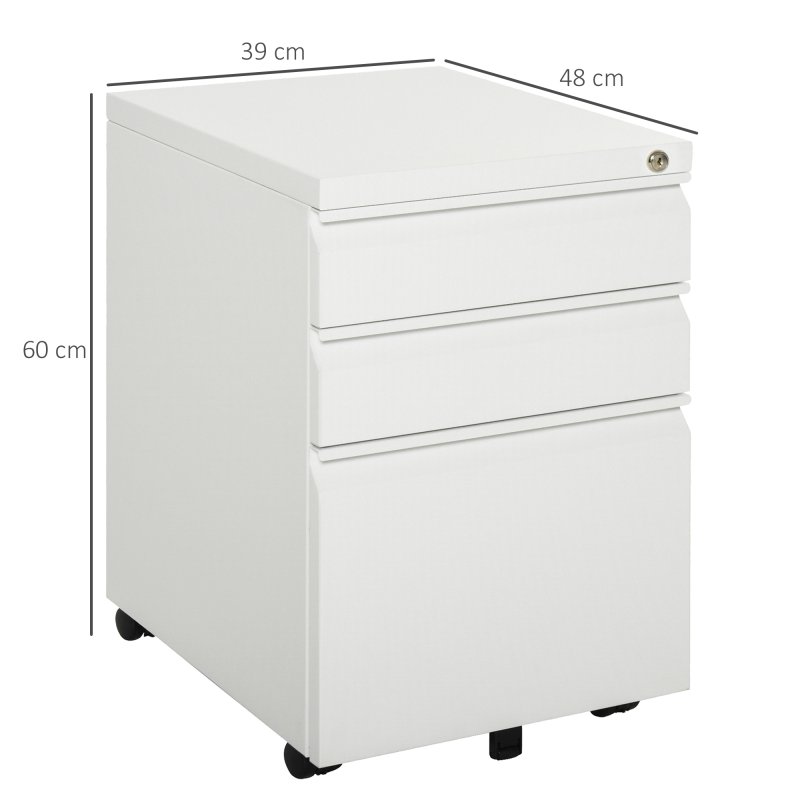 Vinsetto 3-Drawer Filing Cabinet with Lock, Mobile Steel File Cabinet for A4, Legal and Letter Size, Under Desk Drawers with Pre-Assembled Body for Home Office, 39 x 48 x 60 cm, White