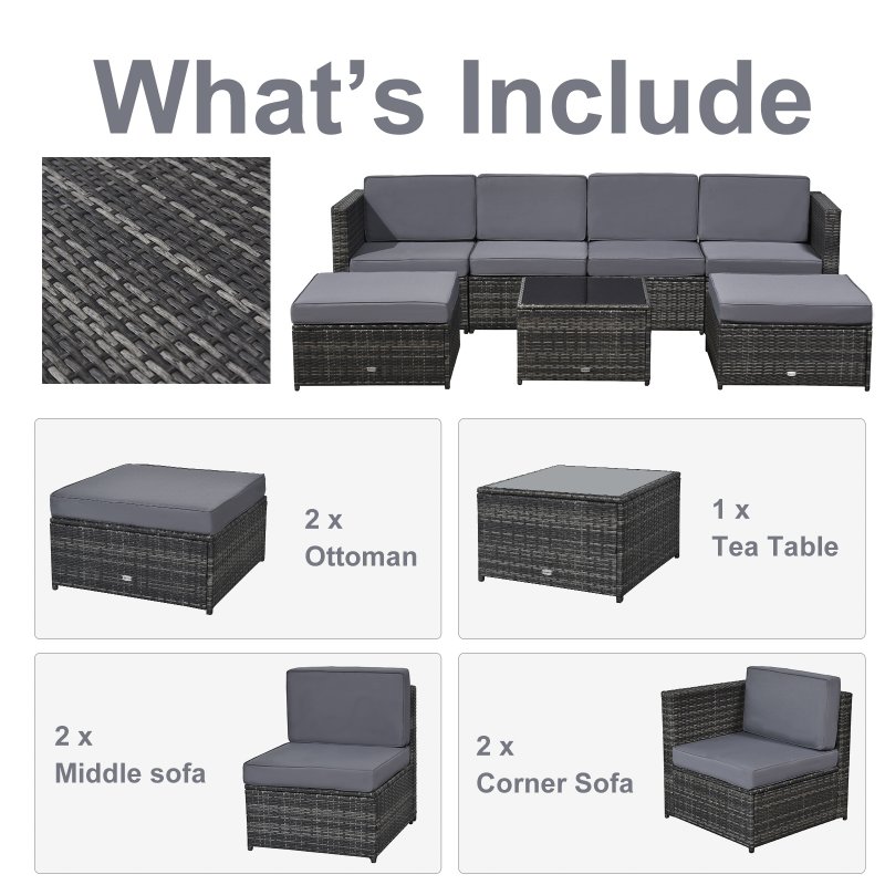 Outsunny 7Pc Rattan Garden Furniture Wicker Sofa & Coffee Table Set Patio Furniture Outdoor with Cushions Grey