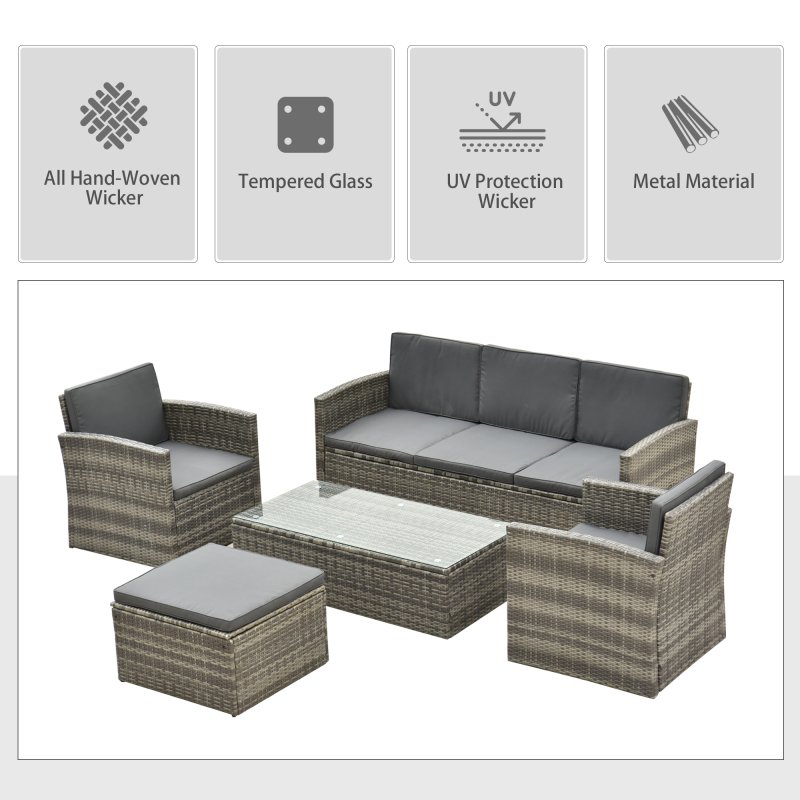 Outsunny 5 Pieces Rattan Garden Furniture Set, Wicker Garden Sofa Set with Storage Sofa and Ottomans, 2 Armchairs, Glass Coffee Table, Outdoor Conservatory Furniture with Cushions for Patio, Grey