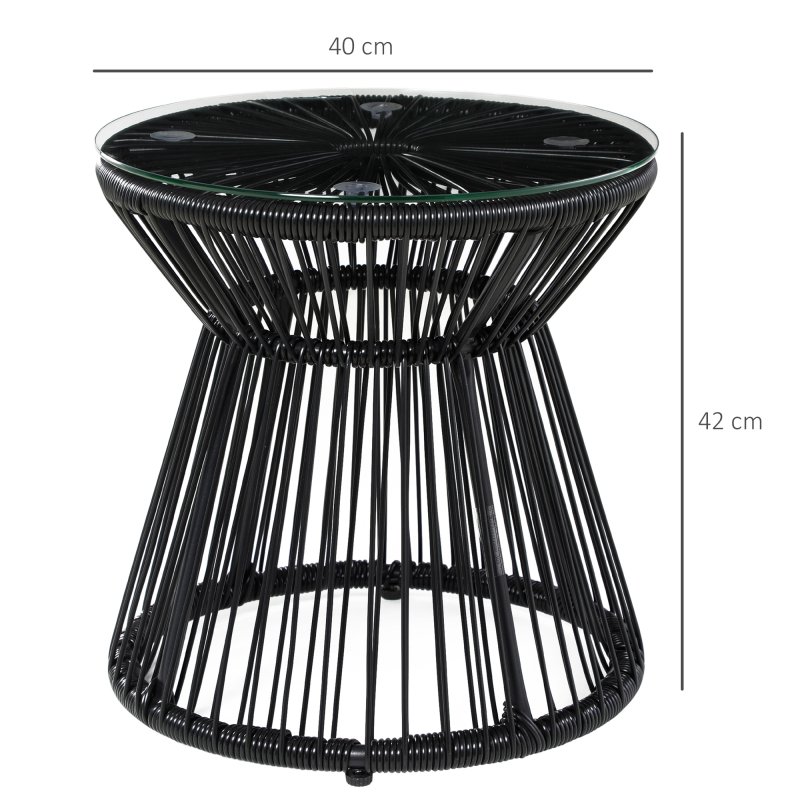 Outsunny Outdoor Coffee Table, Round PE Rattan Side Table with Tempered Glass Table Top, Hollow Drum Design for Garden, Balcony, Patio, Black