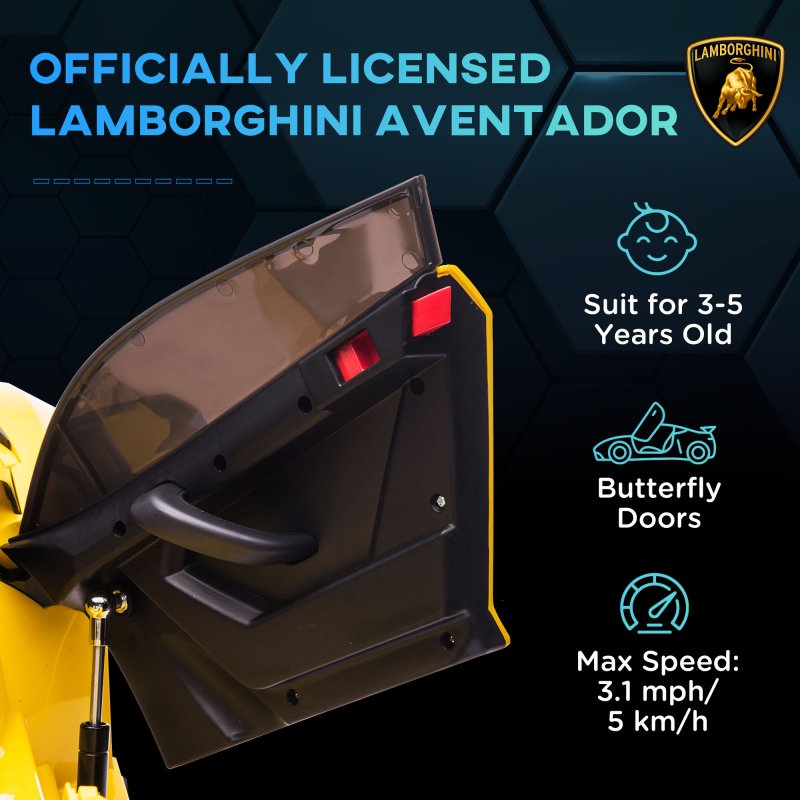 HOMCOM Lamborghini Aventador Licensed Kids' Electric Ride-on with Remote Control, 12V Powered Electric Car for Kids with Butterfly Doors, Auxiliary wheels, Music, Horn, Suspension - Yellow