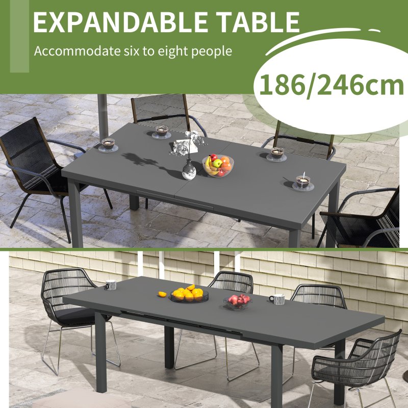 Outsunny 246 cm Extending Garden Table, Rectangle Outdoor Dining Table for 6-8, Aluminium Frame for Patio, Balcony - Charcoal Grey