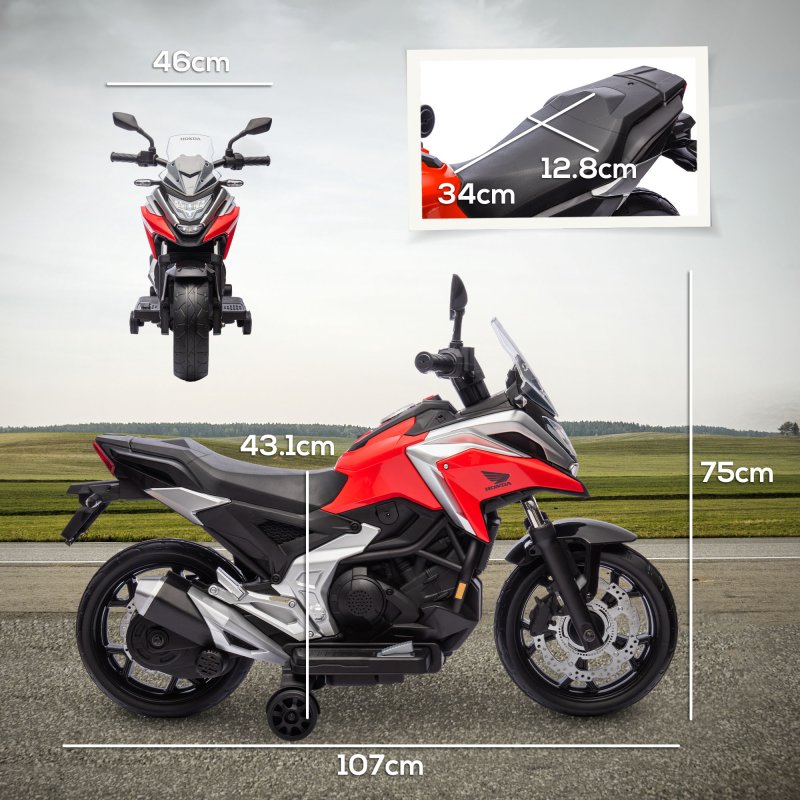 AIYAPLAY Honda Licensed 12V Kids Electric Motorbike, Ride on Motorcycle with Music, Headlights, Early Education Function, 2 Training Wheels, for 3-6 Years - Red