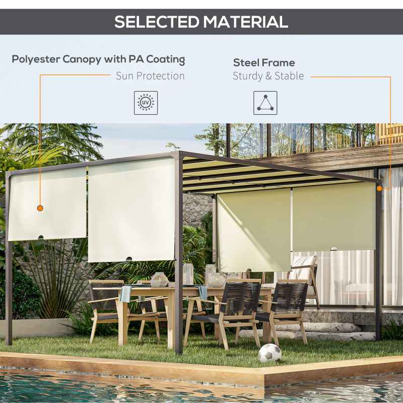 Outsunny 3 x 4m Metal Pergola with LED Lights, Outdoor Garden Pergola with Sliding Roof, Solar Powered, for BBQ, Cream White