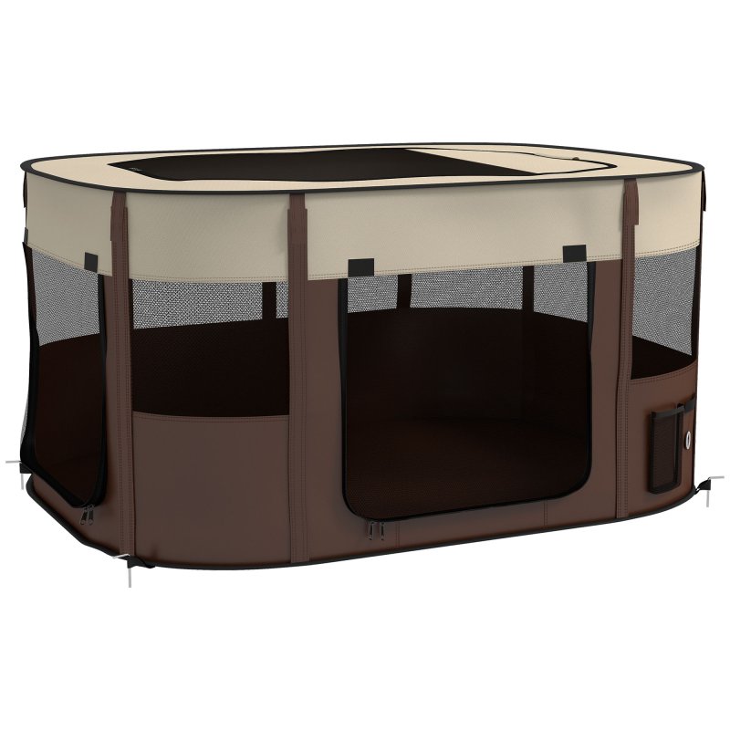 PawHut Dog Pen, Pet Playpen, Portable Foldable Dog Cat Playpen Soft Pet Cage with Storage Bag for Puppies, Rabbits, Kittens, Guinea Pigs, 114 x 89 x 59cm - Brown