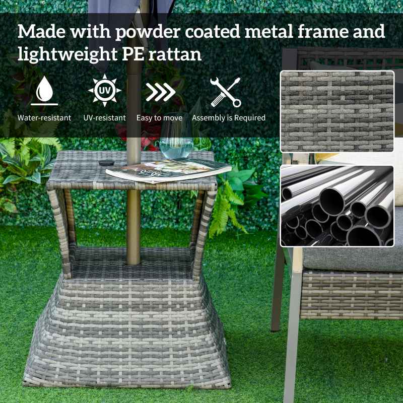 Outsunny Rattan Outdoor Coffee Table, Wicker Garden Patio Bistro Side Table with Umbrella Hole and Storage Space for Balcony, Porch, Grey