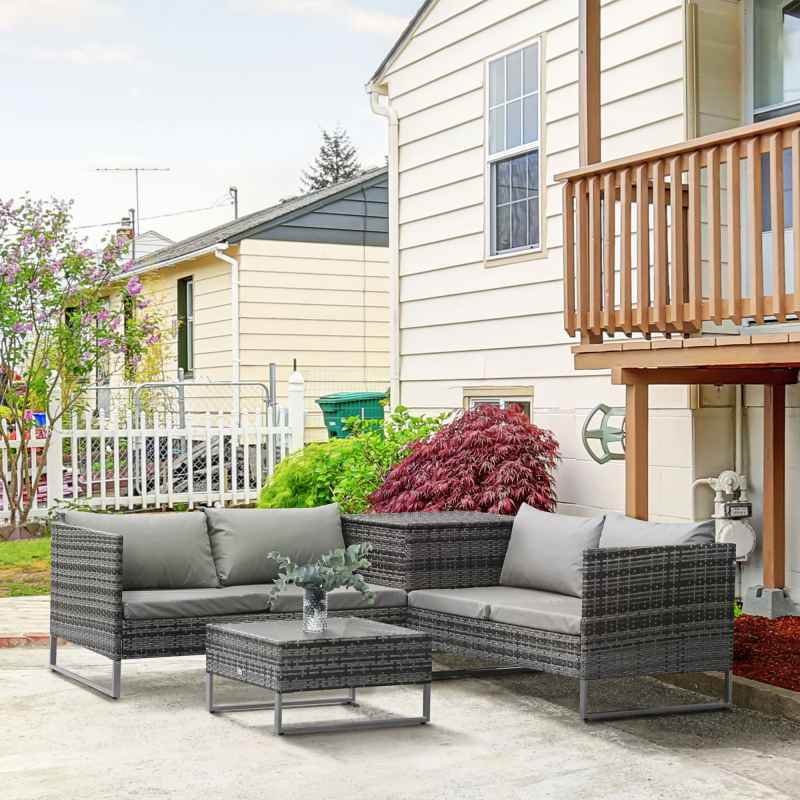 Outsunny 4 Seater Rattan Corner Sofa Set, Wicker Rattan Garden Furniture Set with Loveseats, Tables, Cushions for Outdoor, Patio, Grey