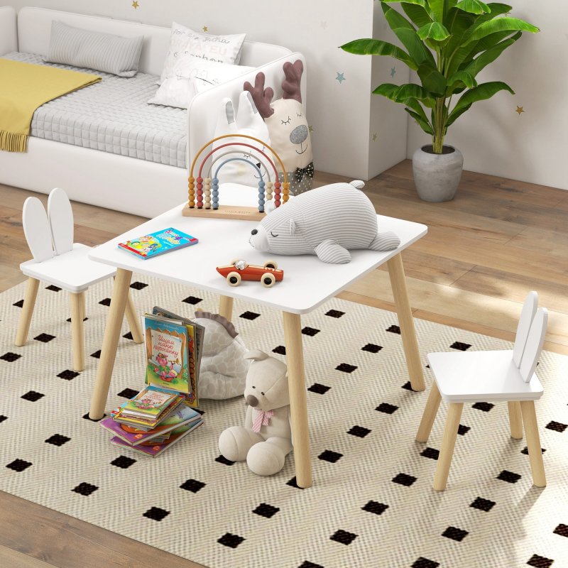 AIYAPLAY 3 Pieces Toddler Table and Chair Set, Kids Desk and 2 Chairs Set with Cute Bunny Ear Backrest, Wooden Legs, for Nursery, Playroom, Classroom - White