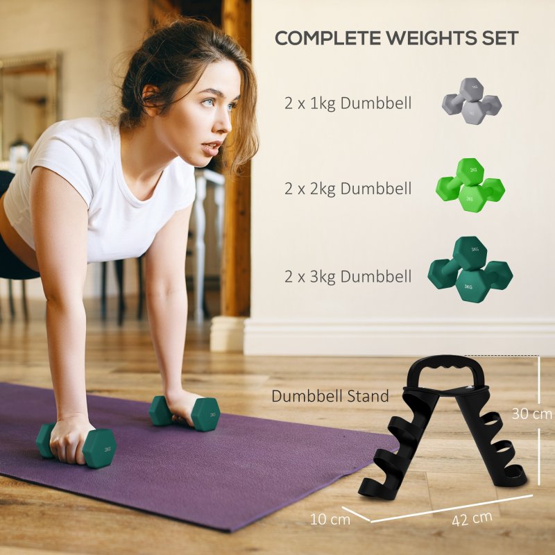 SPORTNOW Dumbbells Set with Carry Storage Rack, Set of 6 Weights for Home Gym, Kettlebell Training Weight Lifting Exercise, 2 x 1kg, 2 x 2kg, 2 x 3kg, Grey