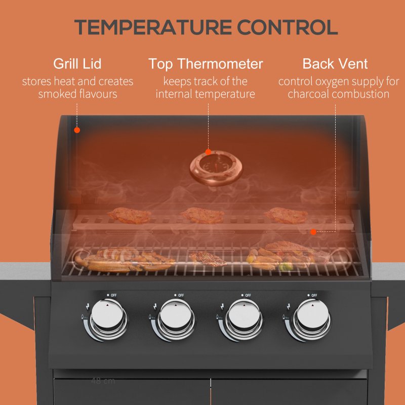 Outsunny 4 Burner Gas BBQ, Outdoor Grill, Portable Barbecue Trolley with Warming Rack, Side Shelves, Storage Cabinet, Thermometer, Carbon Steel, Black