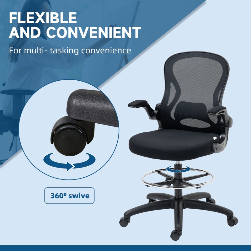 Vinsetto Drafting Chair with Flip-up Armrests, Mesh Office Chair, Ergonomic Draughtsman Chair with Lumbar Support and Footrest Ring for Standing Desk and Bar Counter, Black