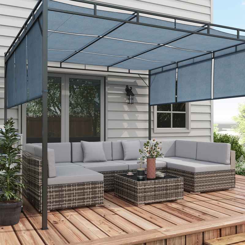 Outsunny 7 Pieces PE Rattan Garden Furniture Set with Thick Padded Cushion, Patio Garden Corner Sofa Sets with Glass Coffee Table and Pillows, Buckle Structure, Grey