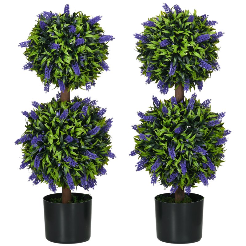 HOMCOM Set of 2 Decorative Artificial Plants Ball Trees with Lavender Flowers in Pot Fake Plants for Home Indoor Outdoor Decor, 70cm, Green