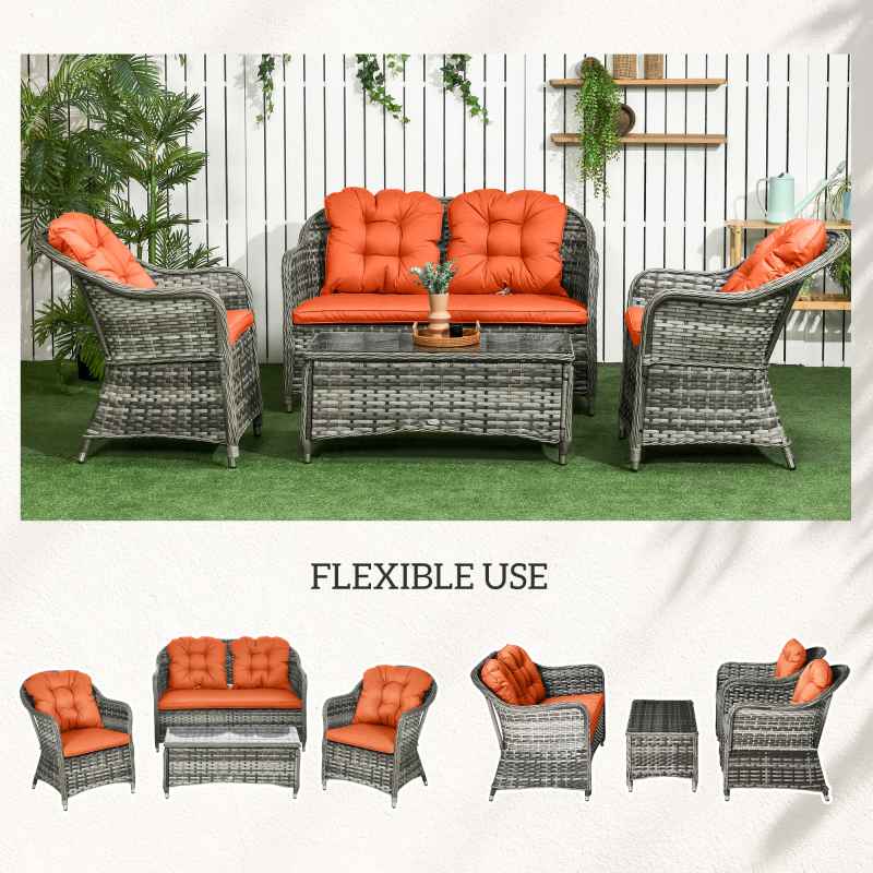 Outsunny 4 Pieces Outdoor PE Rattan Garden Furniture with Cushions, Patio Special Hand Weave Wicker Conservatory Sofa Set with Glass Top Coffee Table, Orange