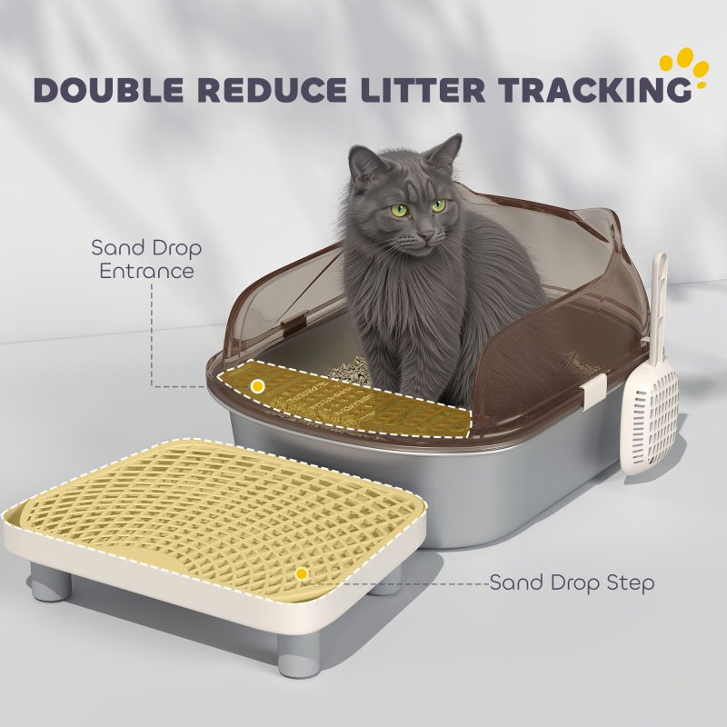 PawHut Stainless Steel Litter Box with Lid, Metal Cat Litter Tray for Big Cats with High Wall Sided Enclosure, Pedal, Scoop, Non-Sticky, Anti-Leakage, Easy Cleaning