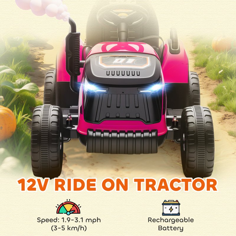 AIYAPLAY Ride on Tractor with Trailer, 12V Electric Vehicle with Remote Control, Ride on Car for Kids with Music, Shifter, Start-Up Sound for Ages 3-8 Years, Pink