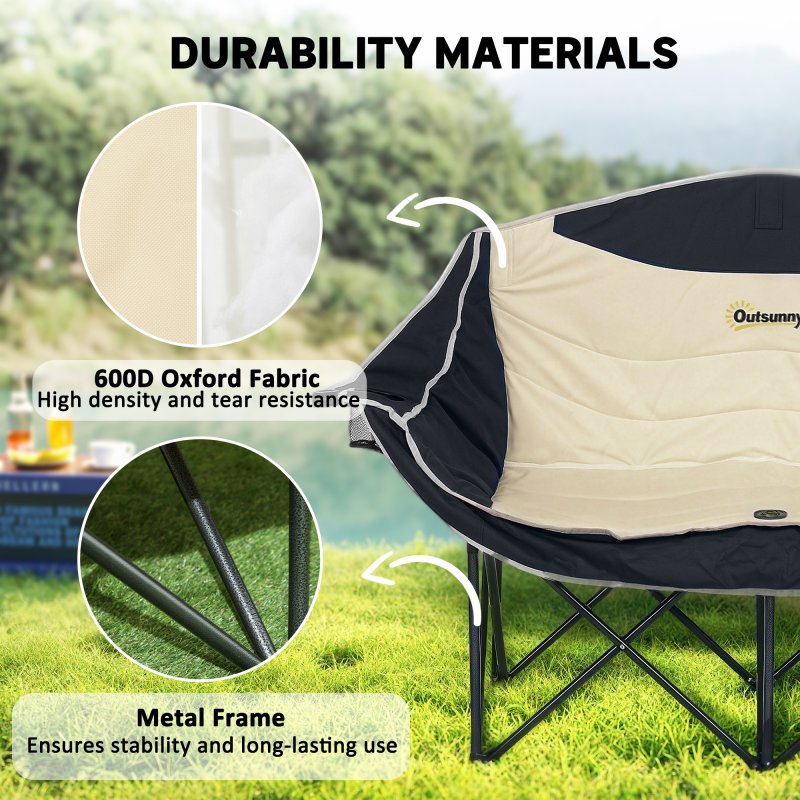 Outsunny Double Camping Chair for Adults, Oversized Heavy Duty Padded Folding Chair with Armrests, Cup Holders and Carry Bag for Outdoor Camping Hiking Picnic Fishing, 250kg Capacity, Khaki