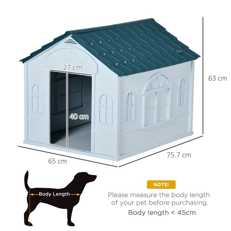 PawHut Plastic Dog House Outdoor Indoor, Weather-Resistant Dog Kennel, with Large Opening, for Medium Dogs, 65 x 75.7 x 63cm - White and Blue