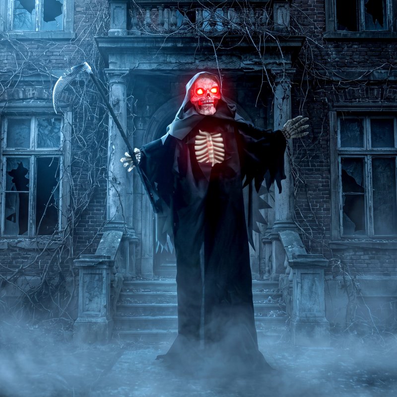 HOMCOM 67"/170cm Life Size Animated Grim Reaper Halloween Decorations Outdoor Indoor, Scary Halloween Animatronics Decor with Sound Touch Activated, Animated Prop with Light Up Eyes for House Garden