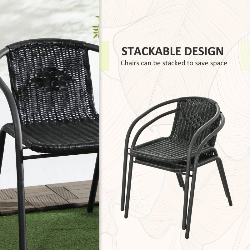 Outsunny 3 Pieces Rattan Bistro Set, 2 Seater Garden Furniture Set with Coffee Table and Stackable Chairs, Wicker Outdoor Table and Chairs for Garden, Porch, Balcony, Black