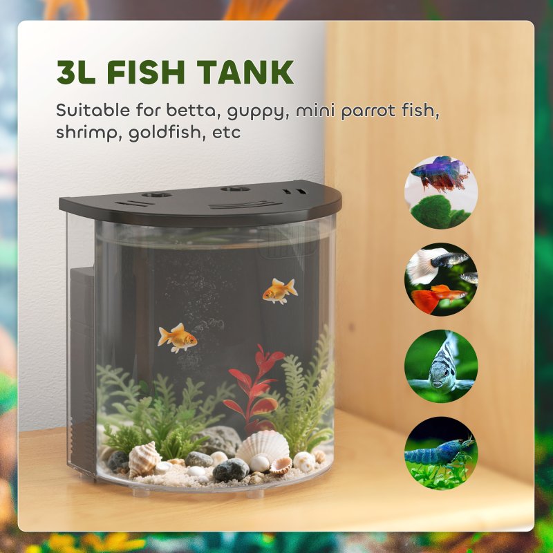 PawHut Fish Tank, 3L Nano Aquarium Starter Kit with Filter System, LED Light, Small Fish Tank for Betta, Goldfish, Shrimp, Black